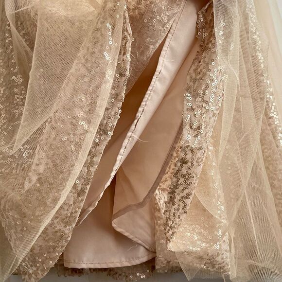 Val Stefani V-Cut Tulle Overlay Sleeve Sequin Bead Lace Embellished Gown Dress - Picture 13 of 17